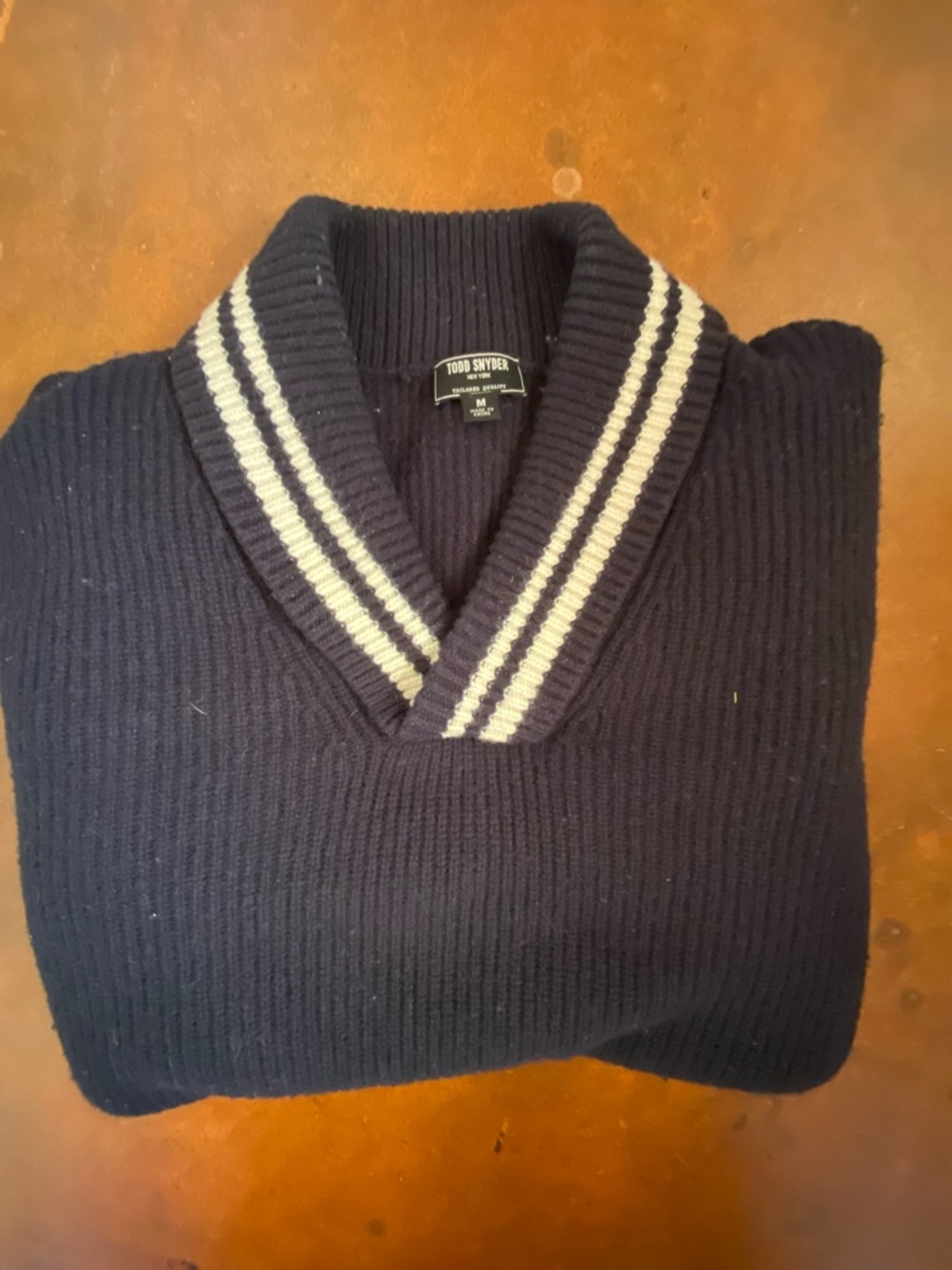Todd Snyder Men's Navy Shawl Collar Sweater with Contrast Stripes Medium M